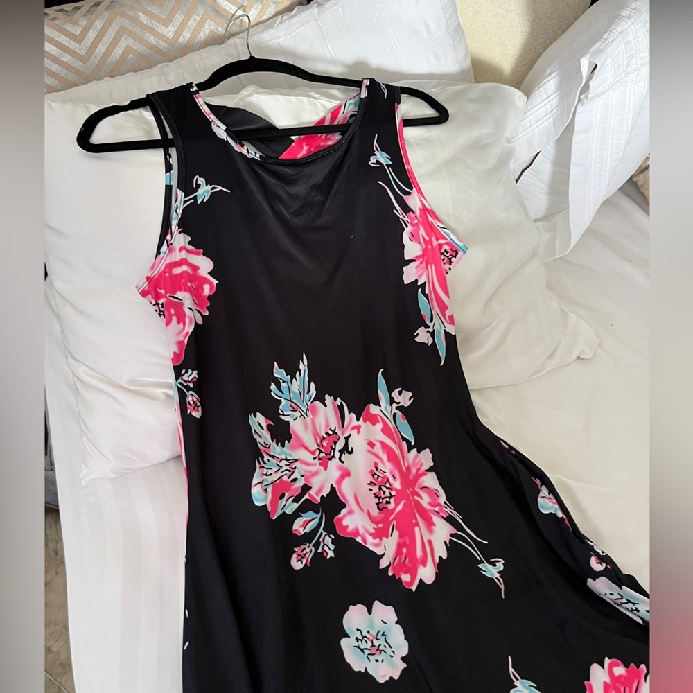 Pink Black Flower Floral Midi Maxi Lightweight Dress CrossBack Size Small/Medium